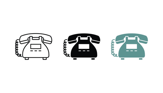 Vintage landline telephone icon set in outline solid and colored flat vector graphic design styles