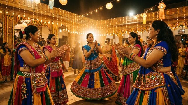 Garba Dance Celebration: Women in vibrant traditional attire perform Garba, a popular folk dance, during a festive gathering, illuminated by ornate string lights.