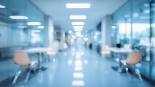 Abstract blurry background of a modern office cafeteria with tables and chairs.