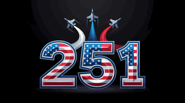 Dynamic illustration of the number 251 adorned with American flag motifs, featuring soaring military aircraft in a tribute to national spirit and heritage