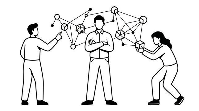Team Collaborating on Technology Network Line Art Illustration