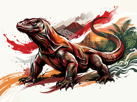 Majestic Komodo Dragon illustration with a vibrant tropical background featuring volcanic peaks and lush foliage, showcasing Indonesian wildlife