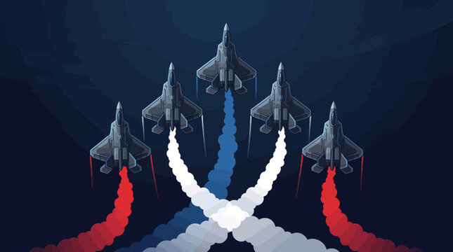 Dynamic aerial performance by a squadron of fighter jets, leaving patriotic red, white, and blue smoke trails against a deep blue sky, symbolizing national pride and precision