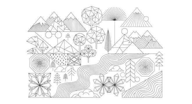 Minimalist Geometric Nature Line Art Collection. Abstract Mountains, Trees, River, and Clouds. Modern Design Elements.