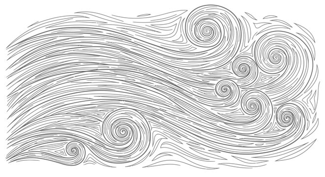 Abstract hand-drawn illustration of swirling wind and flowing air currents. Dynamic wavy lines and spirals pattern.