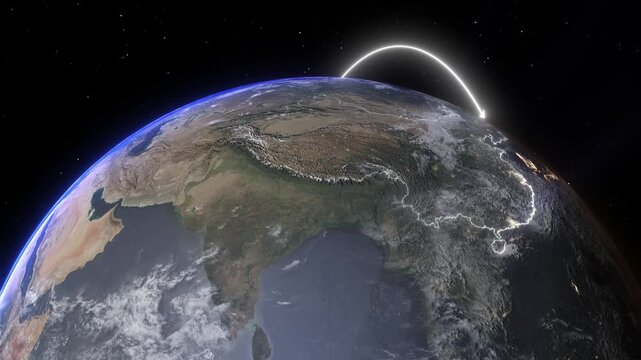 Realistic 3D Earth Night Flight Path Arc from Toronto Canada to Hong Kong China