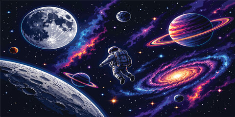 Colorful Astronaut Adventure in Outer Space with Planets, Moon, Galaxy, and Vibrant Cosmic Illustration © mahabubmorshed