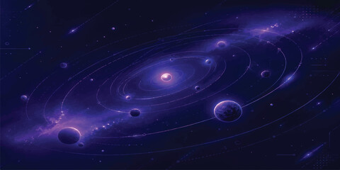 Purple Cosmic Galaxy Background with Glowing Planets, Spiral Nebula, and Futuristic Outer Space Illustration © mahabubmorshed