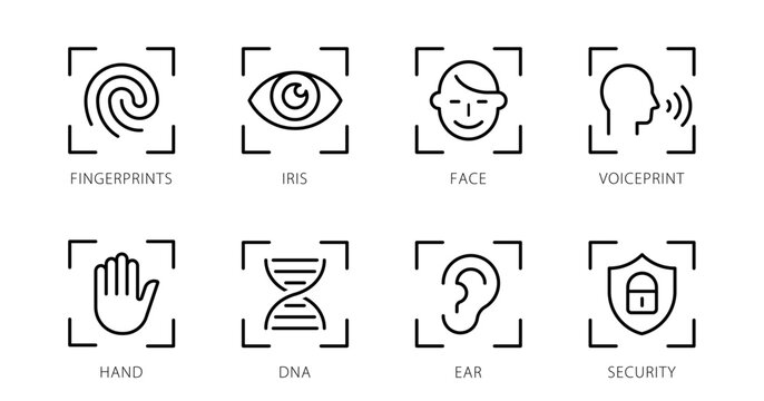 black and white vector icons set with various biometric identification and security symbols