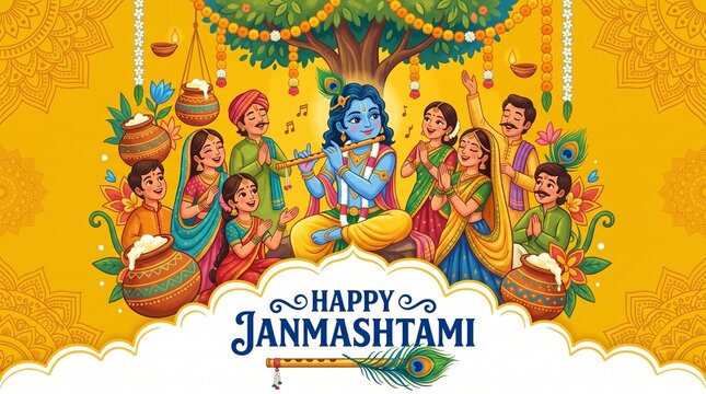 illustration of Lord Krishna playing bansuri flute in Happy Janmashtami festival background of India