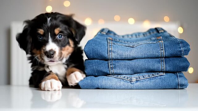 Puppy beside stack of denim jeans on white surface with bokeh