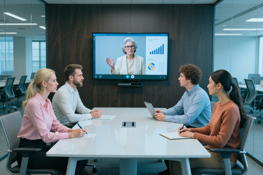 Wide shot of diverse business team joining video conference with senior Caucasian woman, reviewing growth charts during meeting. Ideal for remote work, leadership, corporate communication