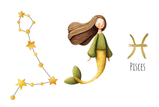 Watercolor Pisces zodiac sign and Star Constellation