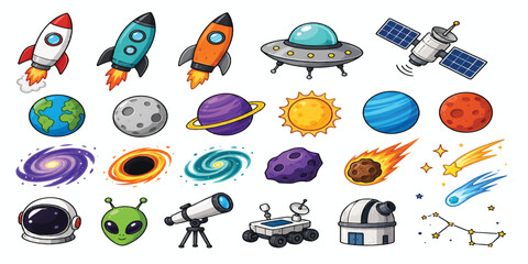 Colorful Cartoon Space Elements Collection Featuring Rockets, Planets, Satellites, UFOs, and Galaxy Objects Isolated on White Background © mahabubmorshed