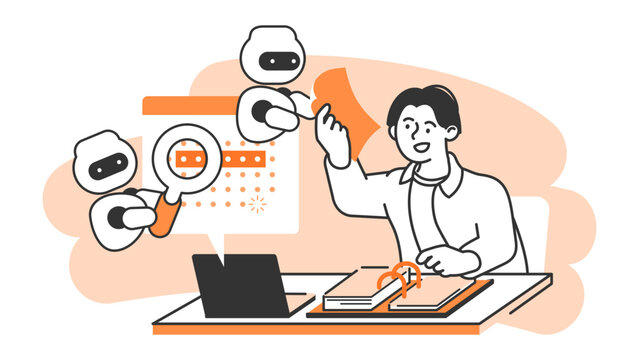 Professional businessman utilizing AI and OCR technology on his computer for automated voice transcription and smart document text conversion to improve workplace productivity