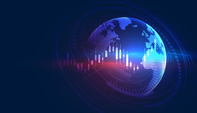 Planet Earth with a dark blue background, stock market trading chart global economy concept
