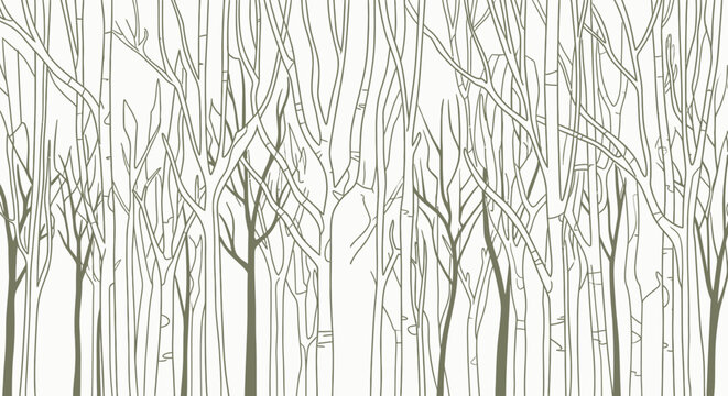 Modern minimalist forest illustration. Seamless pattern of bare trees and branches, ideal for winter nature backgrounds.