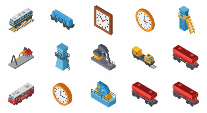 Collection of train and clock icons.