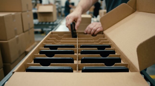 Closeup medium shot of multiple phone units being arranged with cardboard protective inserts inside a multipack box highlighting efficient bulk packaging.