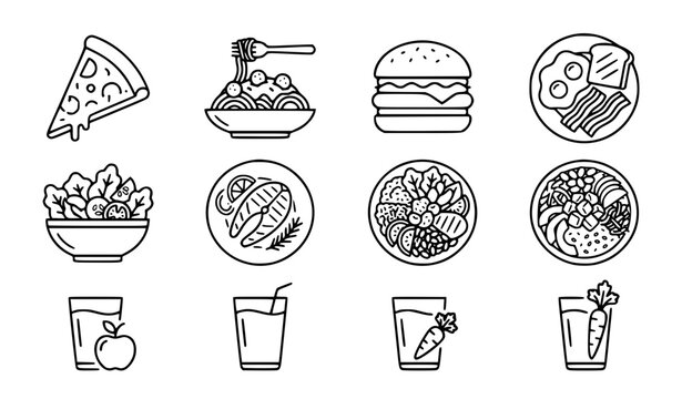 Vegetable dish poke bowl salad meal line icons pizza pasta burger vector editable stroke