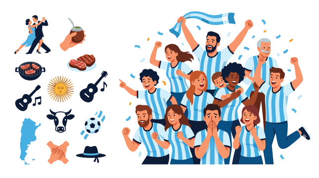 Flat vector illustration of Argentina culture featuring soccer fans in striped jerseys, tango dancers, yerba mate, asado grill, Sun of May, and map on white background.