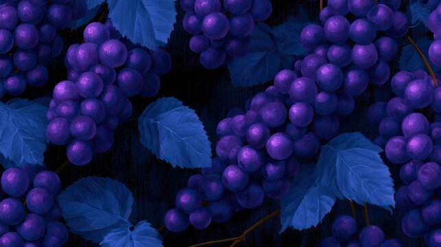 Deep purple grapes and luminous blue leaves create a rich, dark, textured natural background