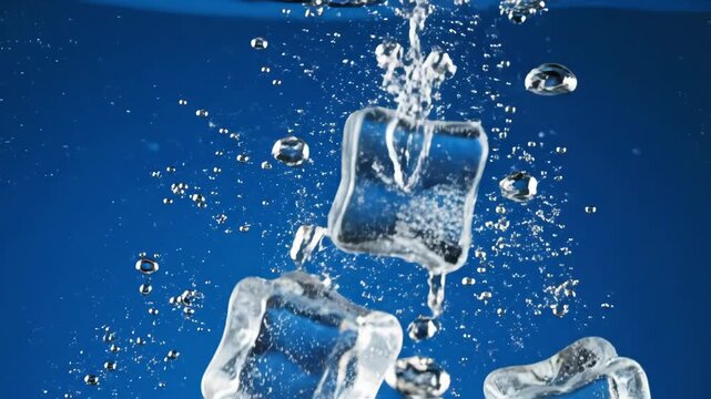 Ice cubes splashing into refreshing blue water with numerous bubbles, creating a dynamic and cool effect.