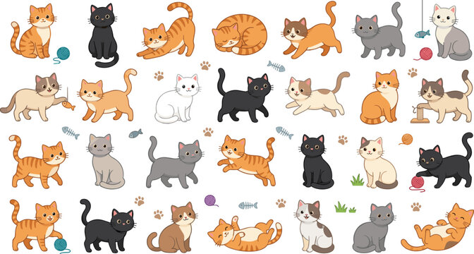 Cute Cartoon Cats Character Set with Varied Poses and Breeds for Children Book Illustrations, Seamless Patterns, Stickers, and Pet Care Designs