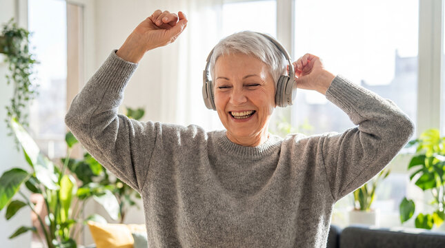 Caucasian senior woman dancing headphones music joy active retirement lifestyle happy older listener moves freely at home expressing energy mood and everyday wellbeing for mature entertainment