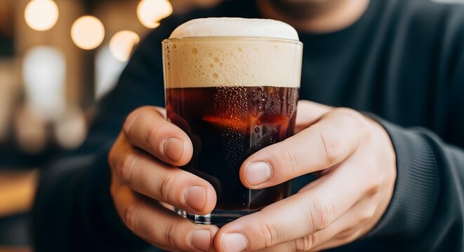 Close-up of a person holding a refreshing cold brew coffee with creamy foam.