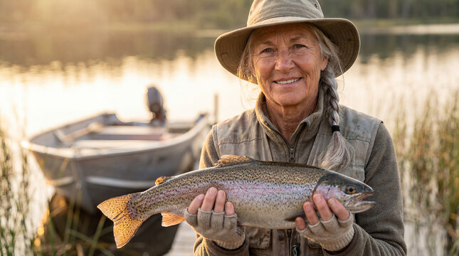 Caucasian senior woman fishing catch lake active retirement outdoor adventure smiling angler holds a fresh fish beside water showing confidence recreation and joyful nature time concept