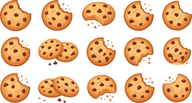 Chocolate Chip Cookies Vector Icon Set with Whole and Bitten Sweet Biscuits and Crumbs for Bakery Dessert Food and Cafe Menu Designs