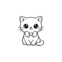 Fototapeta premium Cute Kawaii Kitten with Bow Tie Sitting — Adorable Big Eyes Cartoon Cat Line Art Outline Drawing Isolated on White, Vector Illustration for Kids Coloring Page