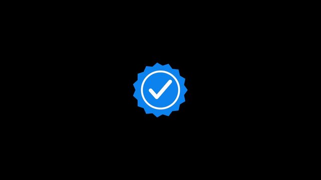 Blue verification badge with white check mark animation on a black background. Verified approval tick badge animation. Approval, success, confirmation and validated status concept motion graphic