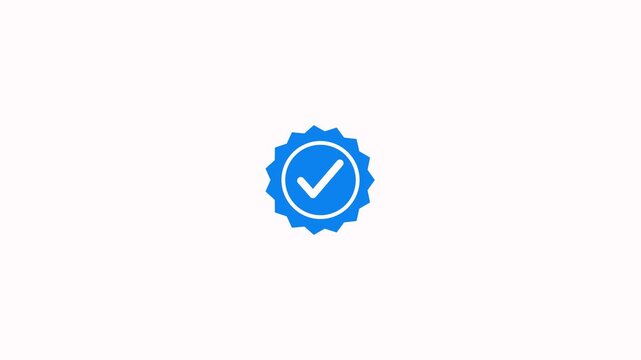 Blue verification badge with white check mark animation on a white background. Verified approval tick badge animation. Approval, success, confirmation and validated status concept motion graphic