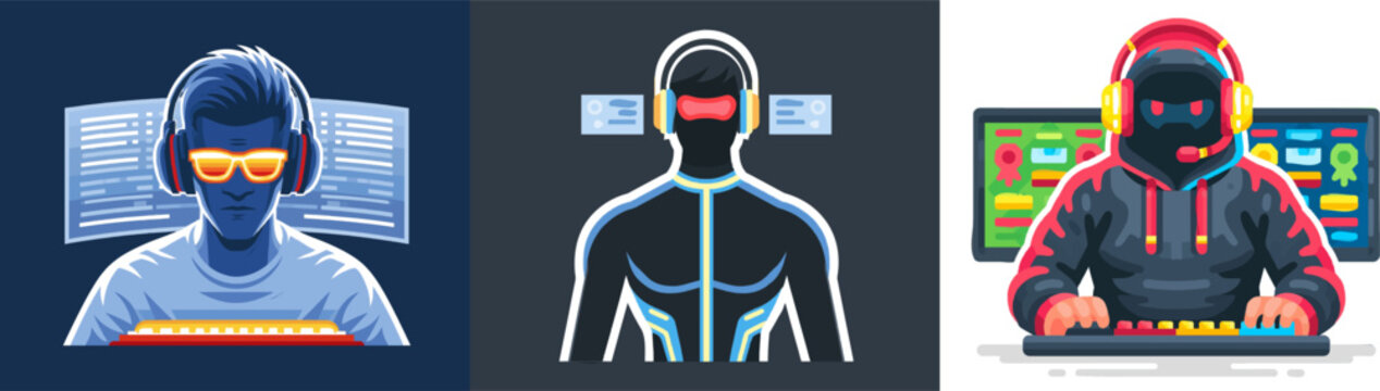 A professional gamer silhouette with glowing neon gear and holographic scoreboards stands out against a simple solid dark background in this flat 2D vector art style