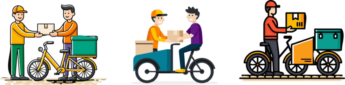 A courier in an orange uniform hands a teal cargo box to a customer standing beside a yellow e-bike on cobblestones