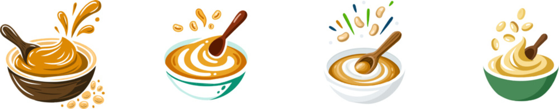 A bowl of miso paste with a small wooden scoop and stylized soy beans in a simple flat vector art style, isolated on white background