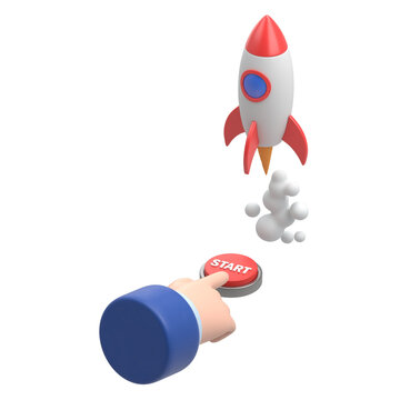 Flat 3d isometric businessman hand presses start button to launches a space rocket.Business start up concept.Supports PNG files with transparent backgrounds.
