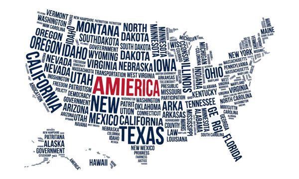 USA map word cloud with state names and patriotic typography