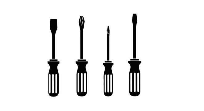 Four black screwdrivers on white background.