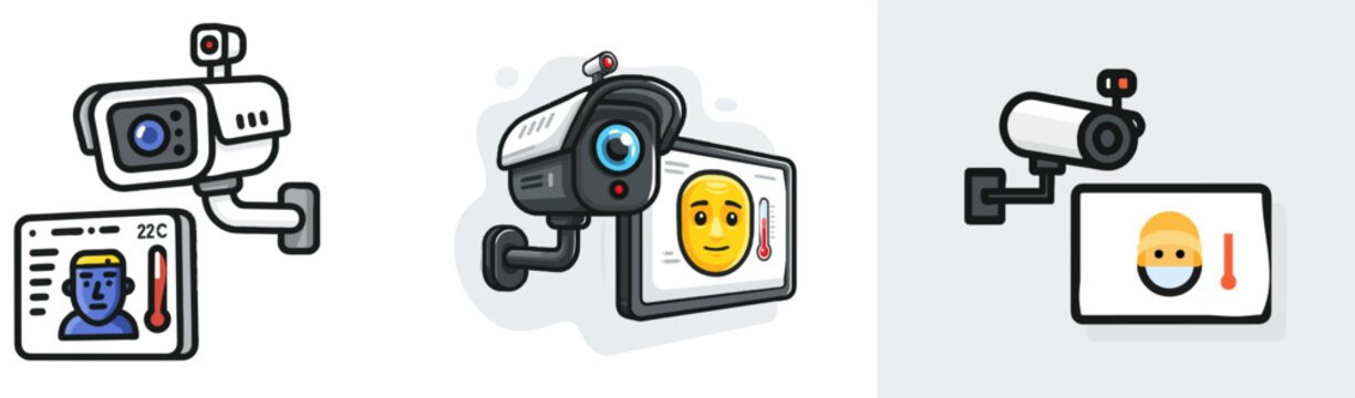A wall-mounted surveillance camera with a small infrared sensor and a screen beside it showing a simplified face with a temperature reading of 22&deg;C, featuring flat trace, charcoal, electric blue, and