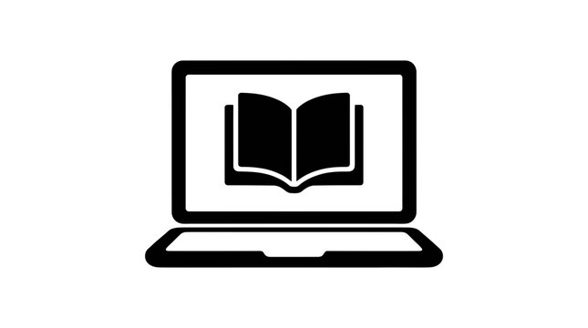Laptop silhouette displaying an open book icon highlights the evolution of digital learning, e-learning platforms, and modern education.