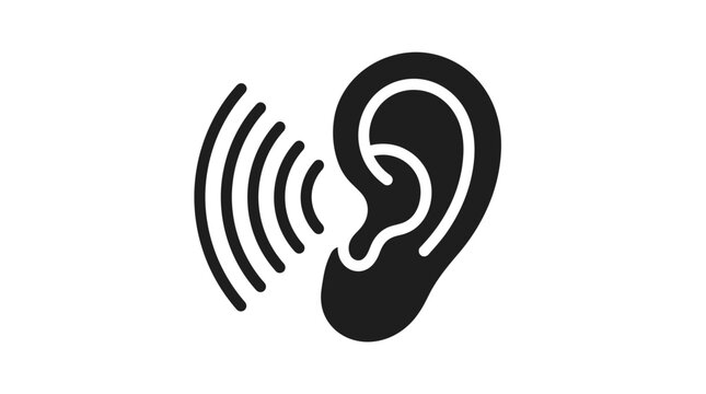 Ear silhouette featuring sound waves represents the concept of listening, auditory perception, and communication in a minimalist graphic design.