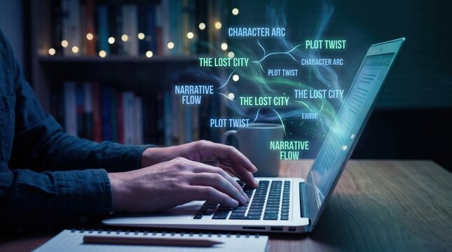 Creative storytelling concept with plot twist and character arc elements rising from a laptop. Narrative flow and authorship process, 3D render.