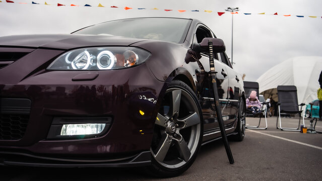 Kyiv, Ukraine - October 20, 2023. A custom sports car with an open door was displayed at Kyiv Car Fest, an automotive event featuring modified, tuned, and enthusiast vehicles in Kyiv.