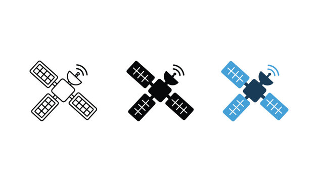 Space satellite communication icon set in three styles including line art and solid vector graphics for aerospace and telecommunications industry