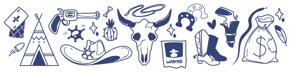 Doodle set of western cowboy elements. Vector set of vintage horseshoe, sheriff hat, boots, money sack icons, cactus, indian wigwam outline, hand drawn sketch country design pattern © klyaksun