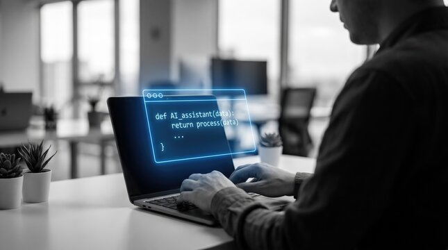 AI assistant and software development concept, programmer typing on laptop in modern office with blue glowing code window overlay.