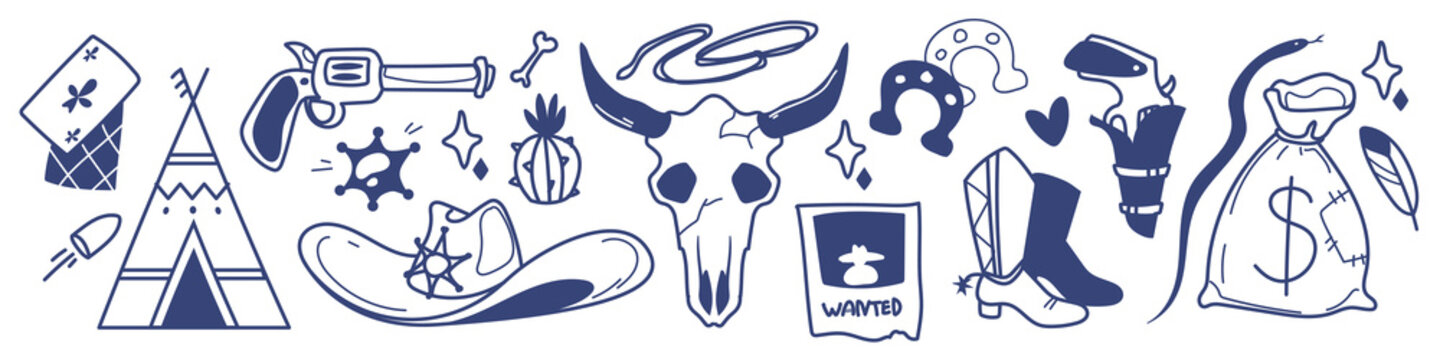 Doodle set of western cowboy elements. Vector set of vintage horseshoe, sheriff hat, boots, money sack icons, cactus, indian wigwam outline, hand drawn sketch country design pattern